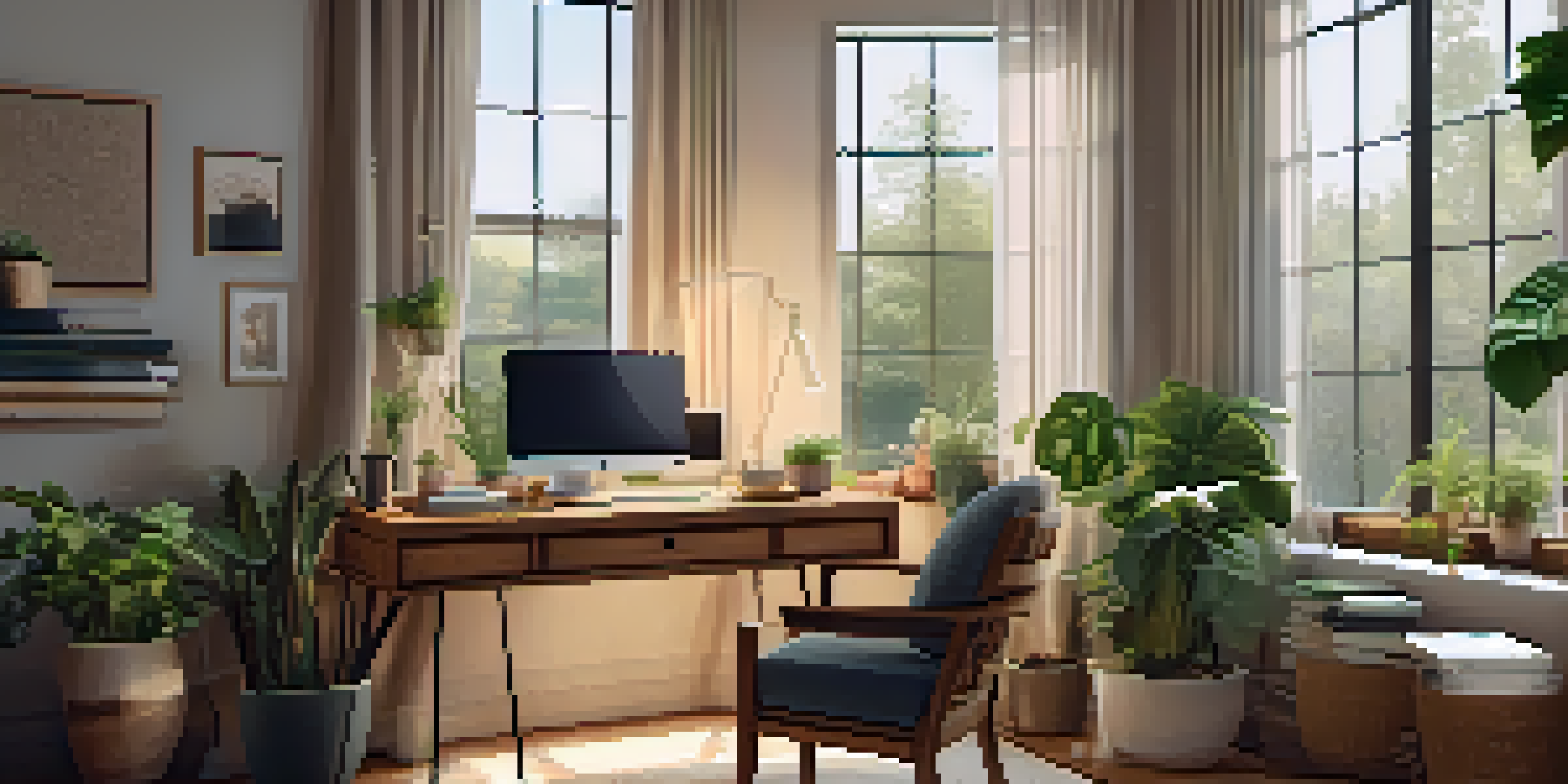 A cozy home office with a wooden desk, laptop, and coffee, illuminated by warm natural light from a window.