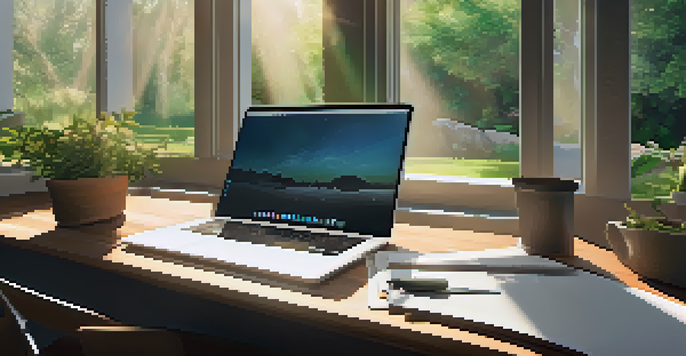 A modern workspace with a laptop, notebooks, and a cup of coffee, illuminated by warm sunlight with a lush garden view outside the window.