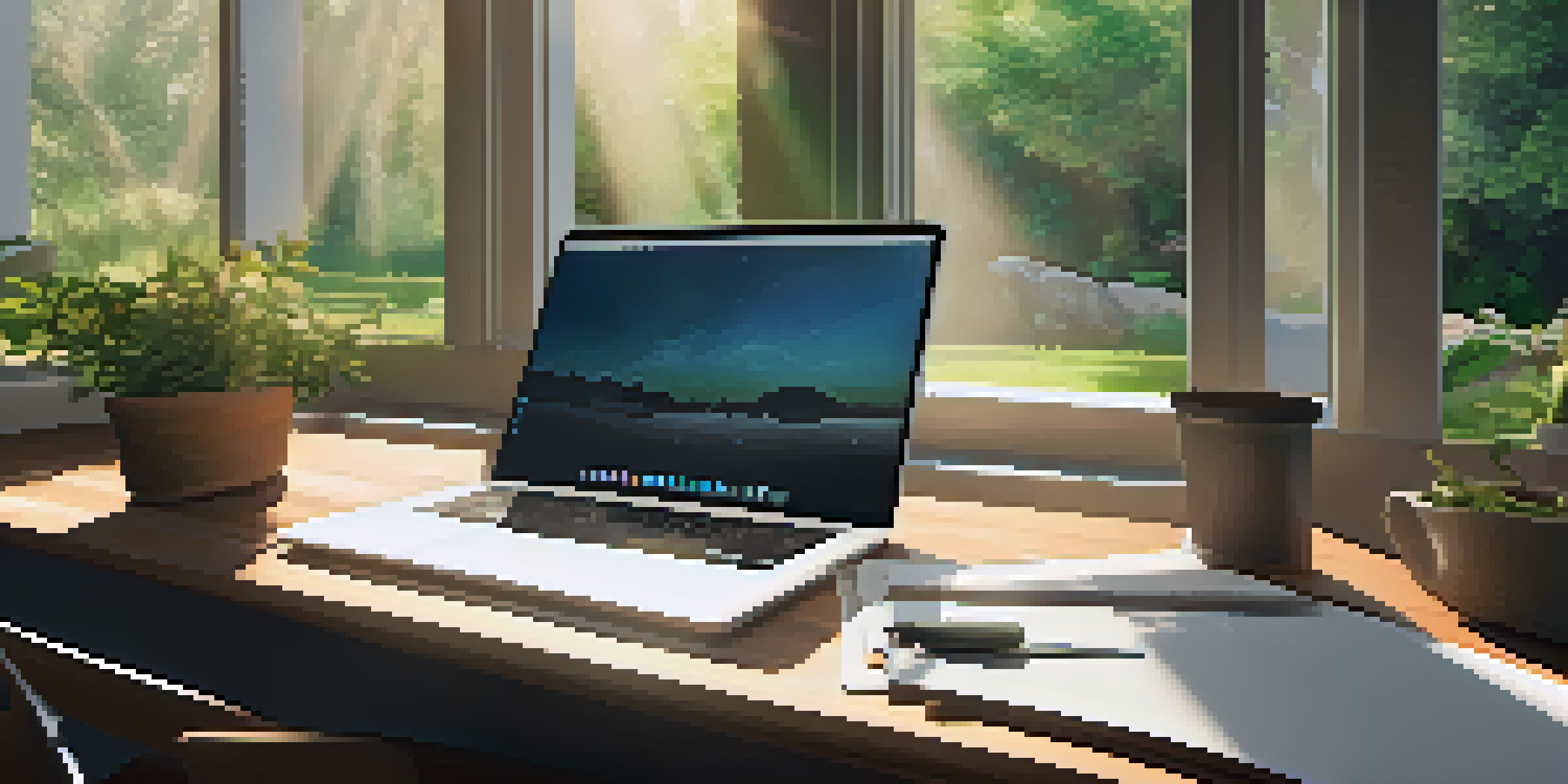A modern workspace with a laptop, notebooks, and a cup of coffee, illuminated by warm sunlight with a lush garden view outside the window.