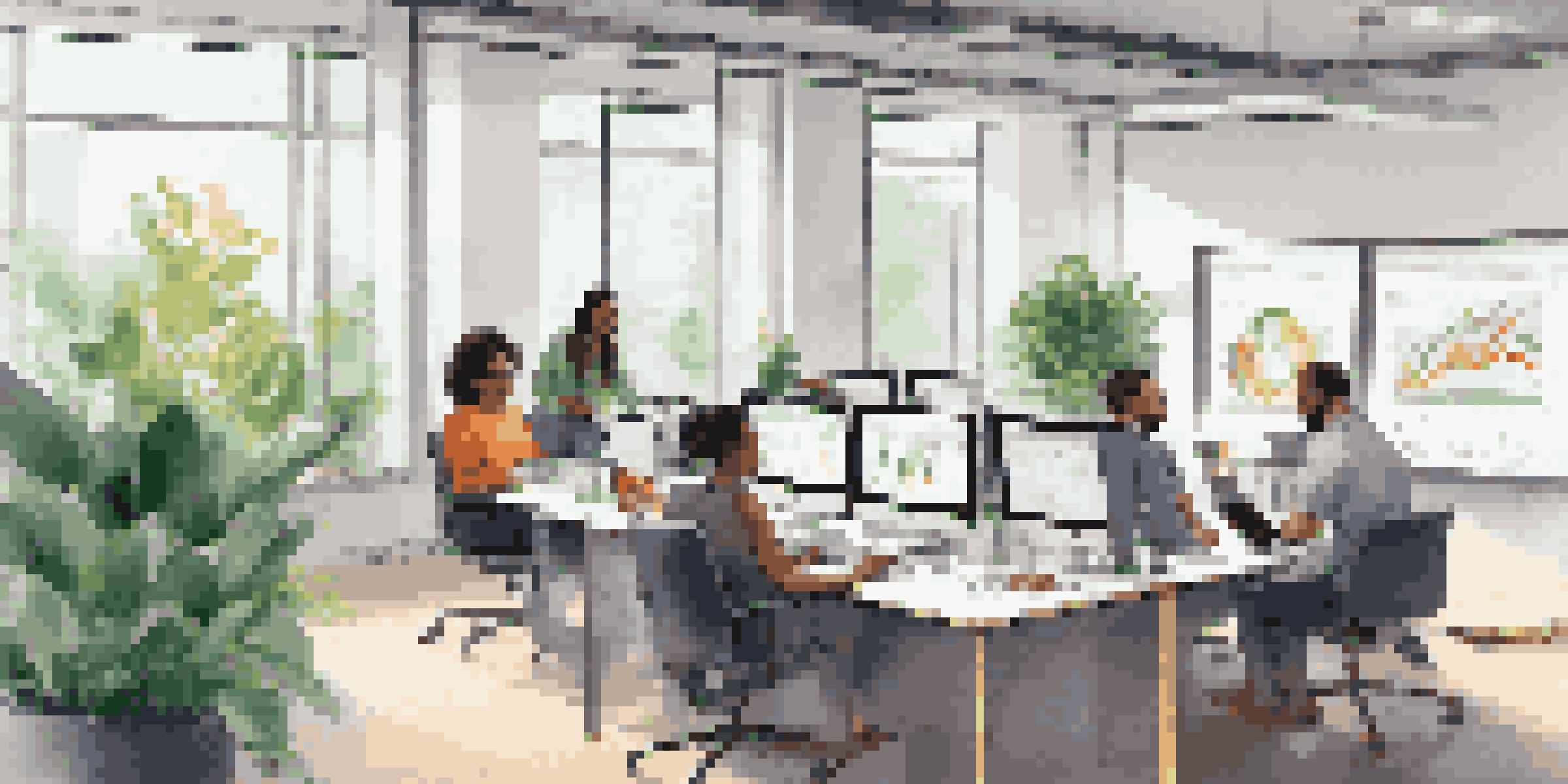 A diverse team working together in a bright office, using laptops and discussing project management software.