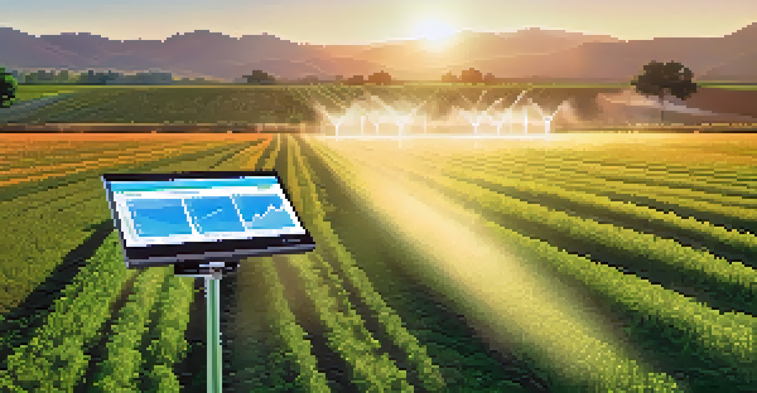 An outdoor smart irrigation system with sensors in a green field, displaying soil moisture levels on a screen while watering crops.