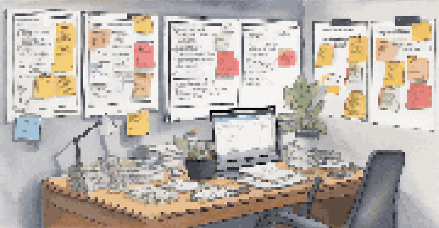 A workspace with a whiteboard detailing incident response processes, sticky notes, a laptop, and a notepad, indicating a structured work environment.