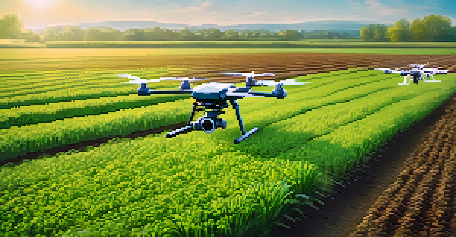 An agricultural field with drones and sensors, farmers using tablets for real-time data analysis amidst green crops.