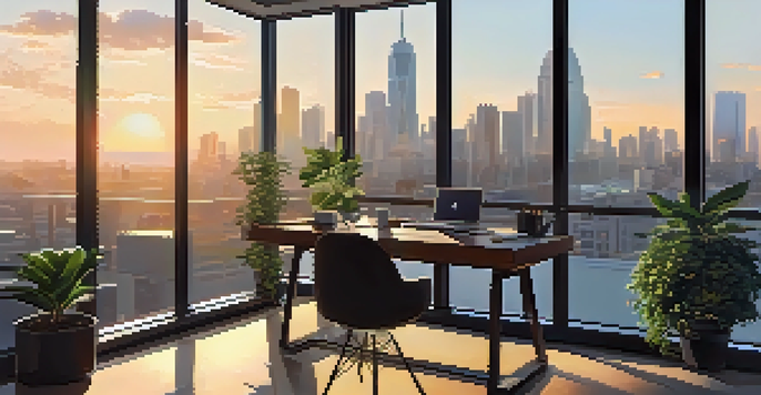 A cozy office space with a city skyline view at sunset, featuring a desk with a laptop and a potted plant.