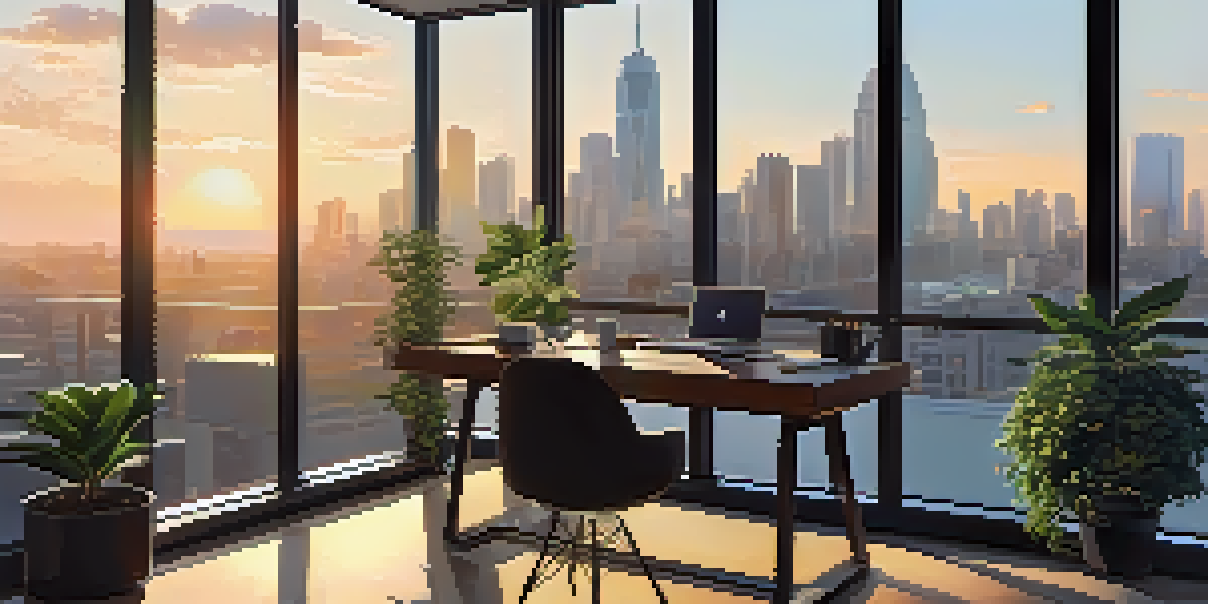 A cozy office space with a city skyline view at sunset, featuring a desk with a laptop and a potted plant.