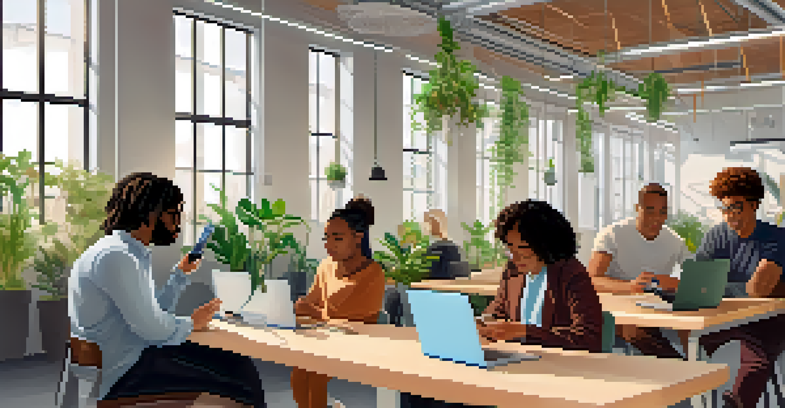 A diverse group of people using smartphones and laptops in a bright workspace, interacting with a digital identity management system.