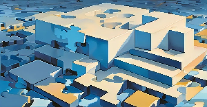 An illustration showing a large, intact puzzle piece representing monolithic architecture, surrounded by smaller scattered pieces symbolizing microservices, with a blue gradient background and soft lighting.