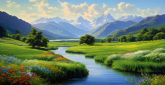 A peaceful valley landscape with a winding river, green grass, colorful wildflowers, and mountains in the background.