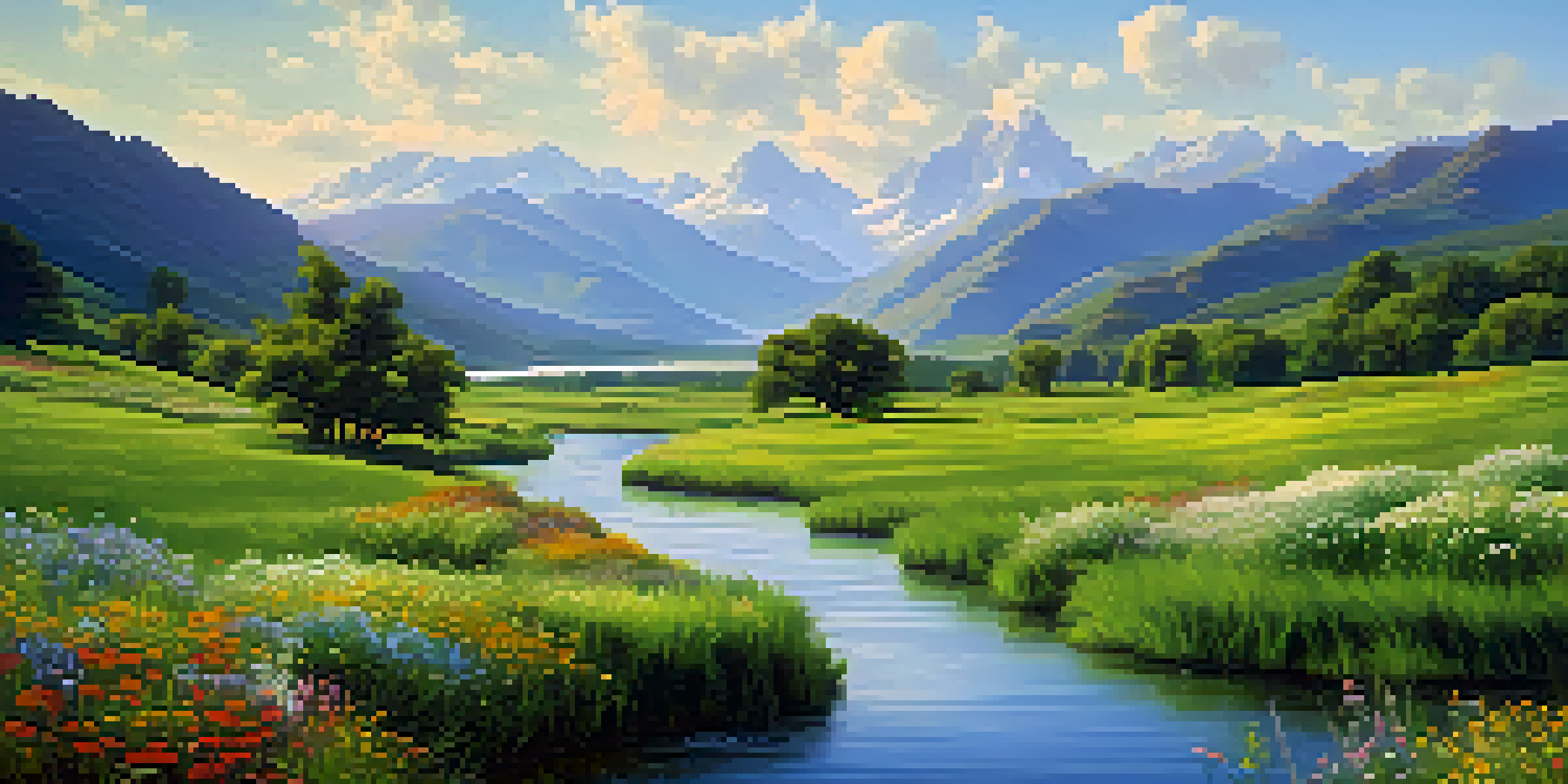 A peaceful valley landscape with a winding river, green grass, colorful wildflowers, and mountains in the background.