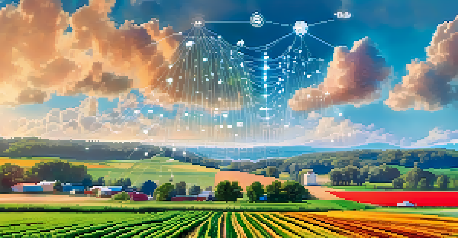 A scenic farm landscape with crops and a digital blockchain data overlay.