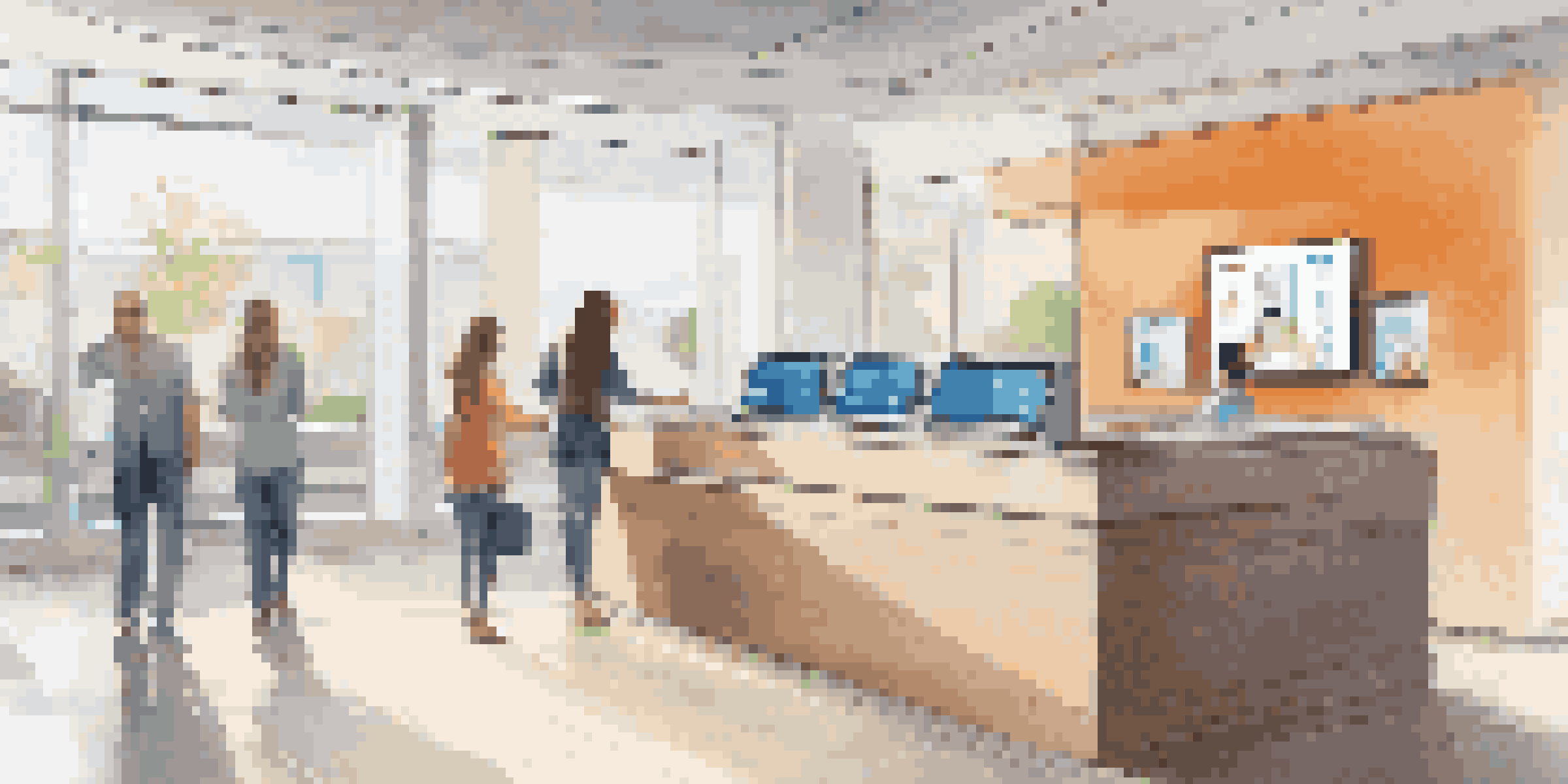 A modern bank interior featuring a touchscreen kiosk with a chatbot interface, bright colors, and customers engaging with the technology.