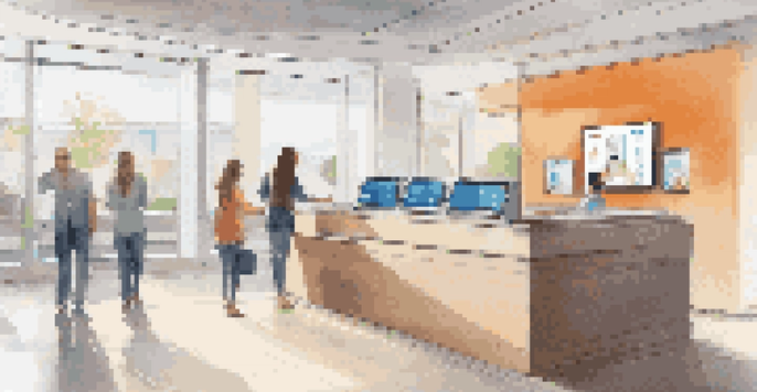 A modern bank interior featuring a touchscreen kiosk with a chatbot interface, bright colors, and customers engaging with the technology.