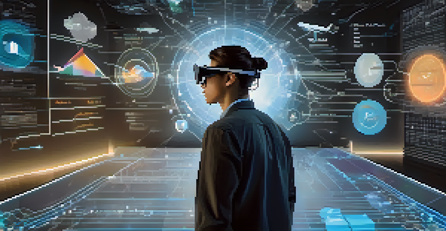 A person using augmented reality to interact with 3D data visualizations in a futuristic environment.