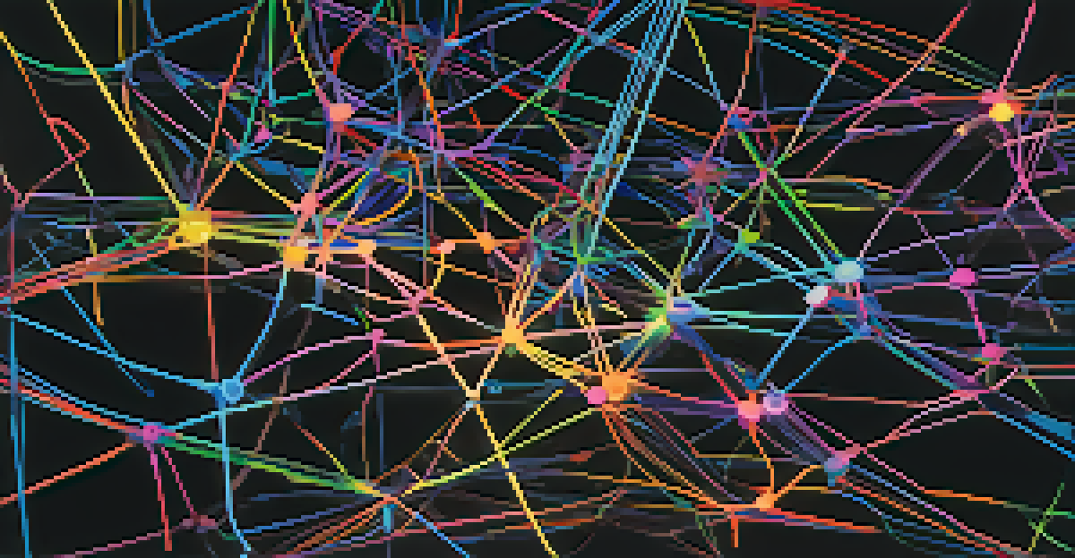 An abstract visualization of neural networks with glowing interconnected nodes and lines in neon colors on a dark background.
