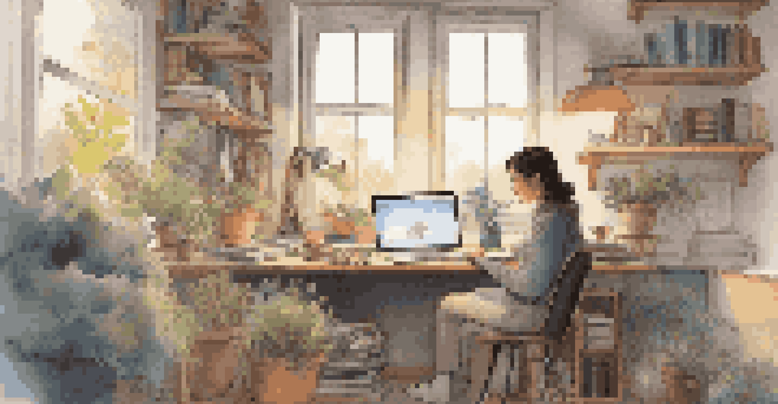 A student working at a desk with an AI writing assistant, surrounded by art supplies and a notebook, with a garden view outside.
