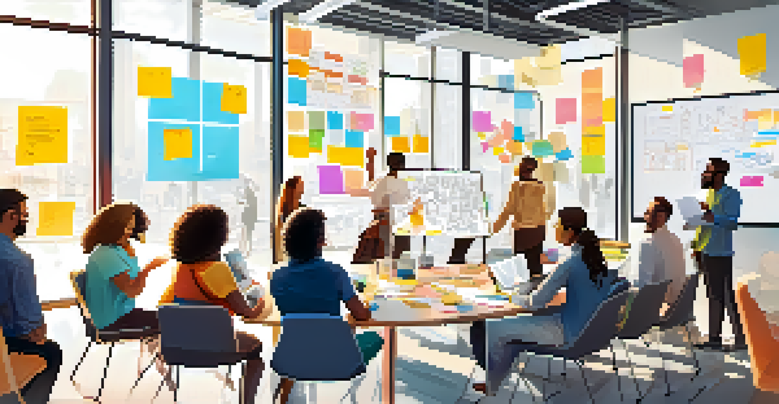 A diverse team collaborating over design sketches and feedback in a bright meeting room.