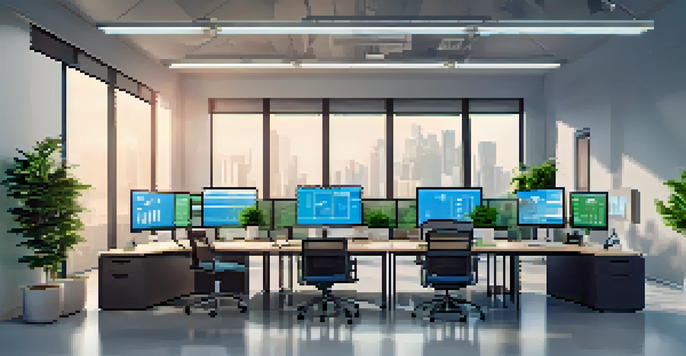 A bright modern office space with computer monitors showing cloud cost management analytics, soft blue walls, and natural light from large windows.