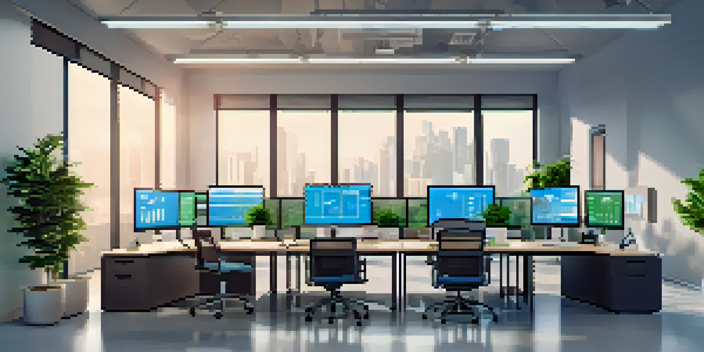 A bright modern office space with computer monitors showing cloud cost management analytics, soft blue walls, and natural light from large windows.