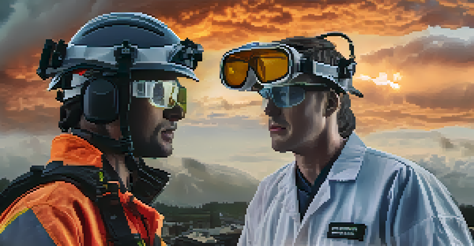 An emergency responder using augmented reality glasses to assist a patient, with an outdoor disaster scene in the background.