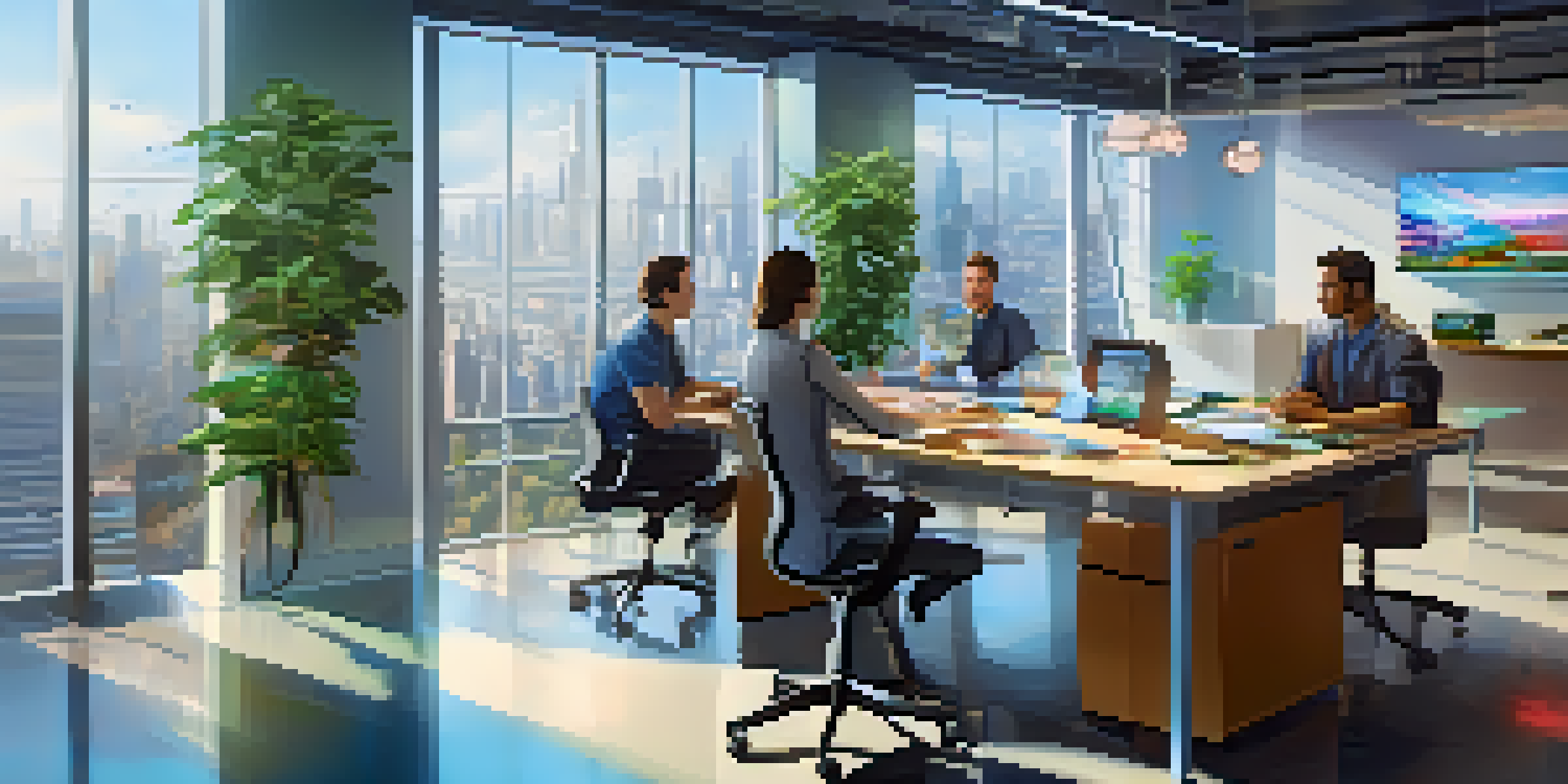 A modern office where people are collaborating with AI technology, surrounded by bright light and a city view.