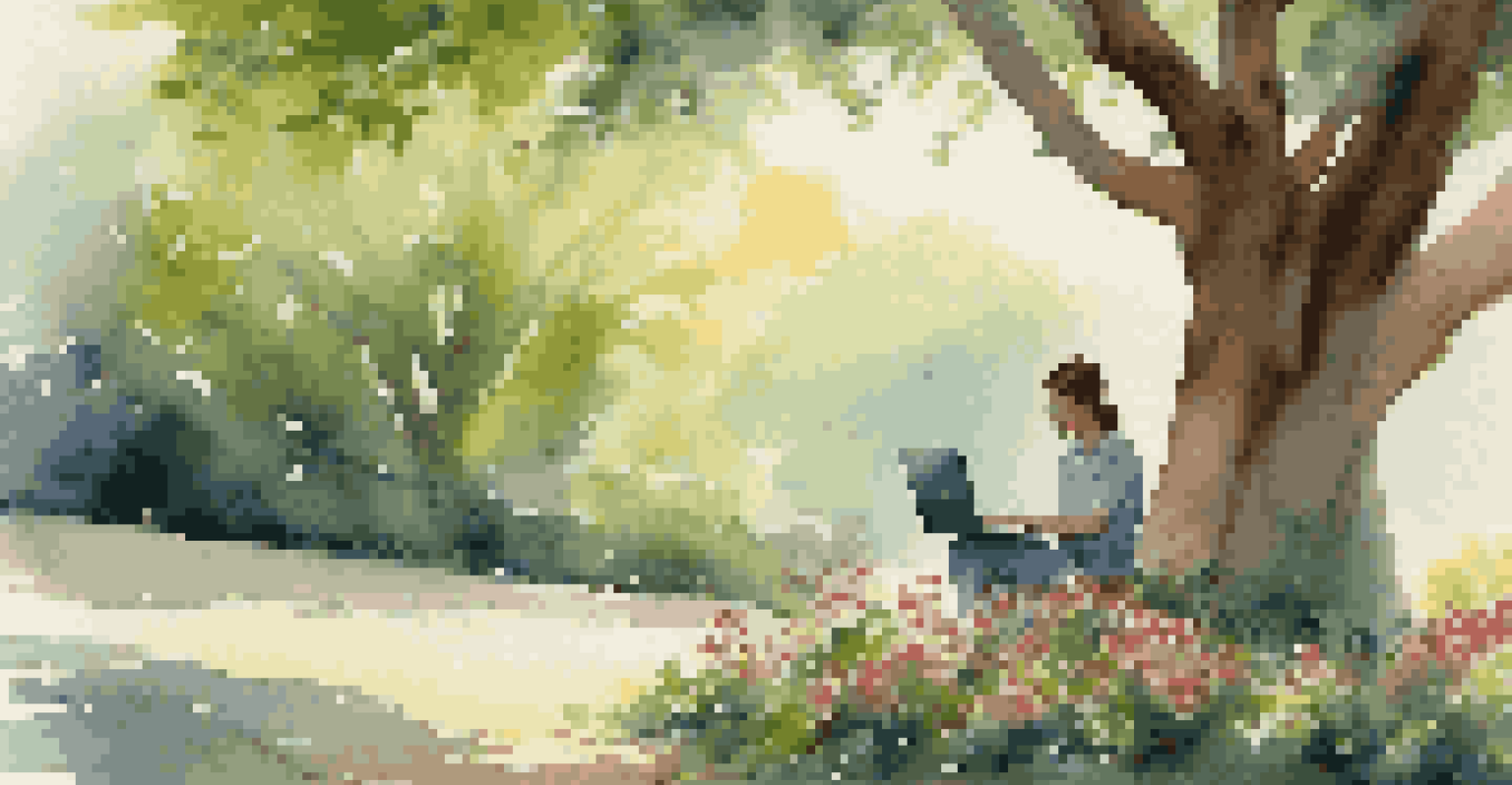 A person working on a laptop under a tree, surrounded by greenery and colorful flowers in a peaceful outdoor setting.