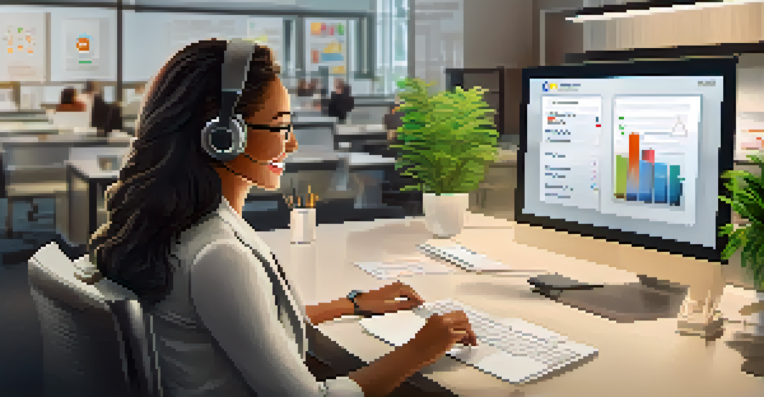 A customer service representative happily using a tablet in a well-organized office, with automated responses displayed, creating a positive atmosphere.