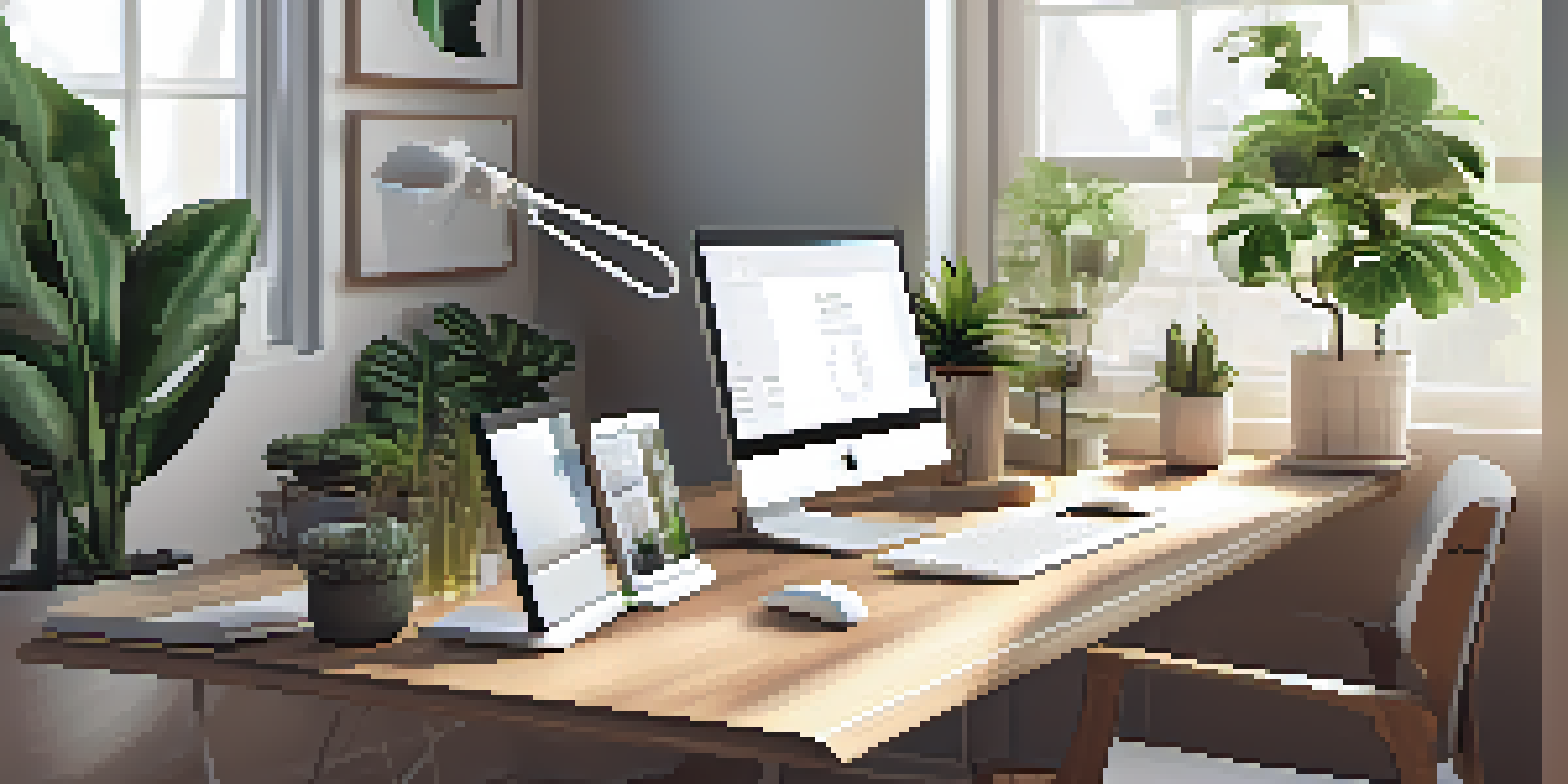 A bright and modern home office with a laptop, smartphone, and smart speaker on a desk surrounded by houseplants.