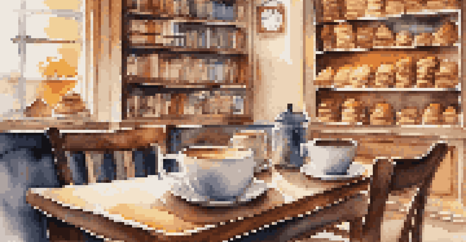 A charming café table with coffee and croissants, surrounded by bookshelves in warm lighting.