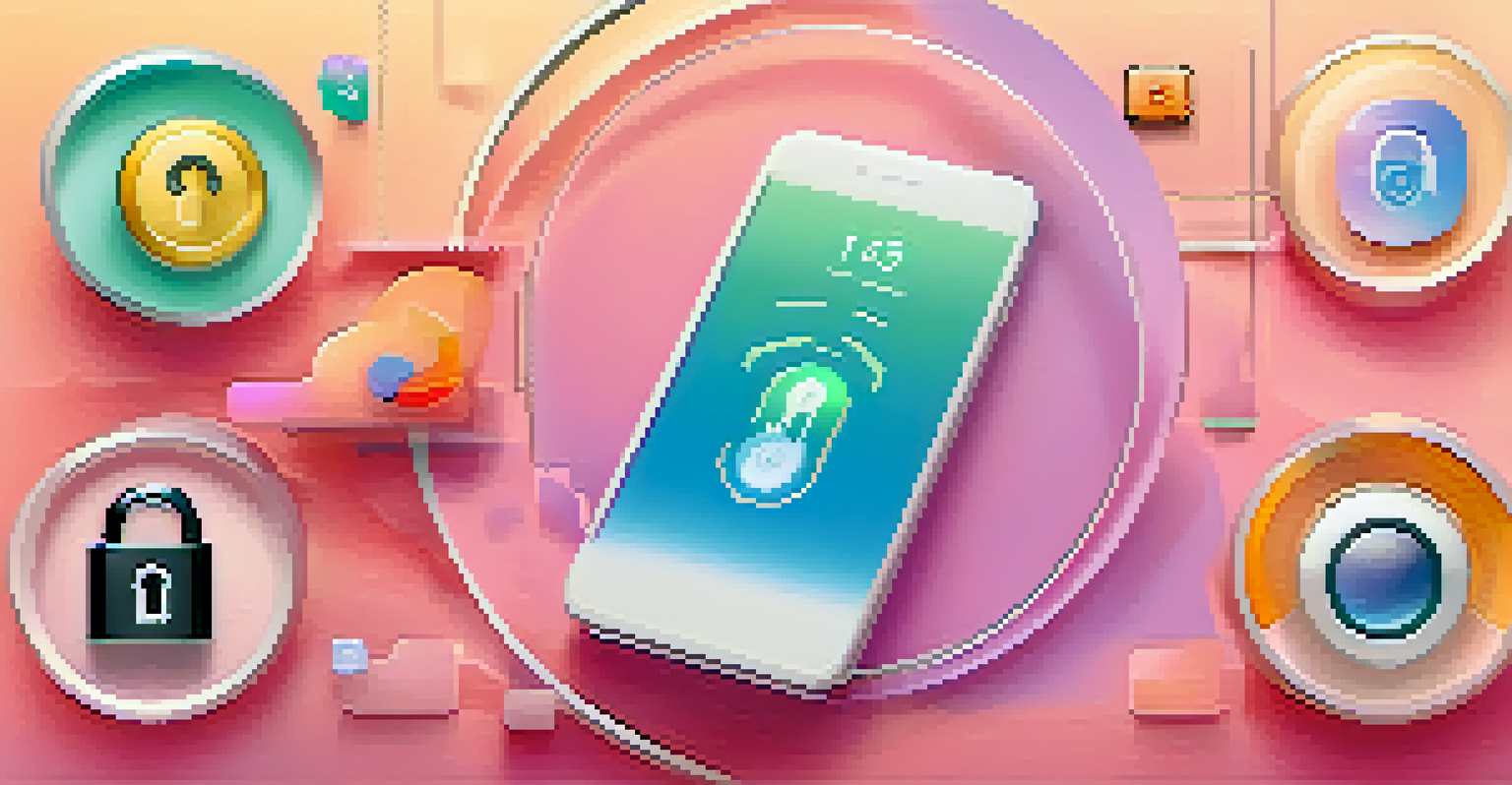 An artistic representation of the balance between functionality and privacy in mobile apps, with a digital lock and app icons set against a calming gradient background.