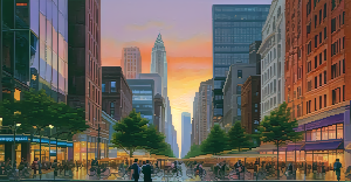 A vibrant cityscape during sunset with a mix of skyscrapers and historic buildings, colorful sky, and people on the streets.
