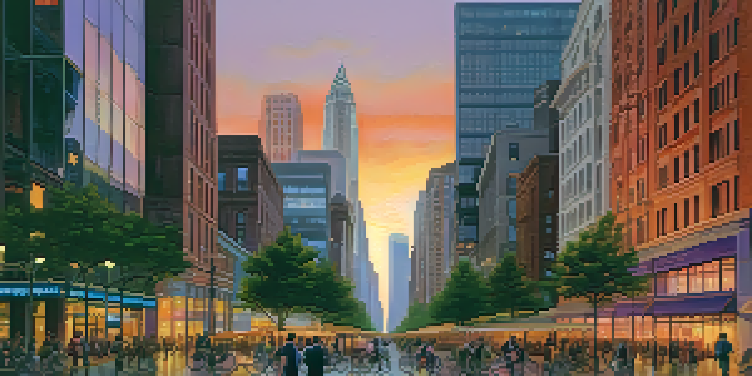 A vibrant cityscape during sunset with a mix of skyscrapers and historic buildings, colorful sky, and people on the streets.