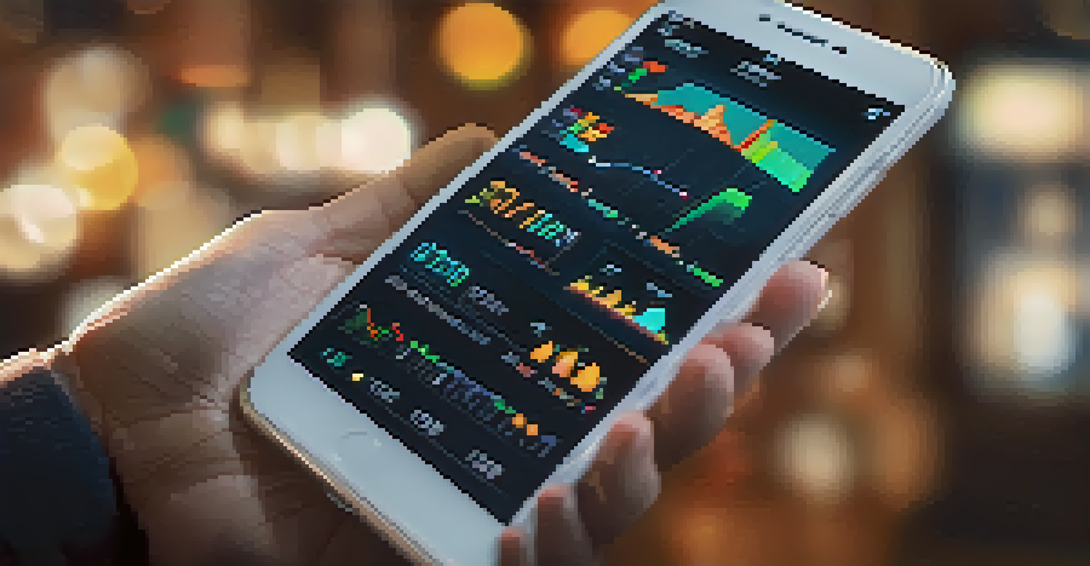 A close-up image of a hand holding a smartphone showing a data analytics dashboard with graphs, set against a softly blurred background.