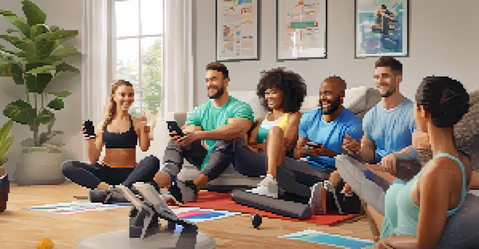 A group of friends participating in a virtual fitness challenge in a cozy living room.