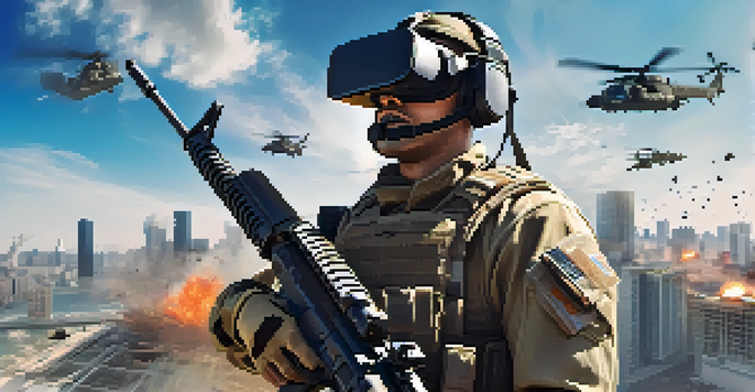 A soldier in a virtual reality headset experiencing a simulated battlefield, surrounded by digitally rendered urban warfare scenery.