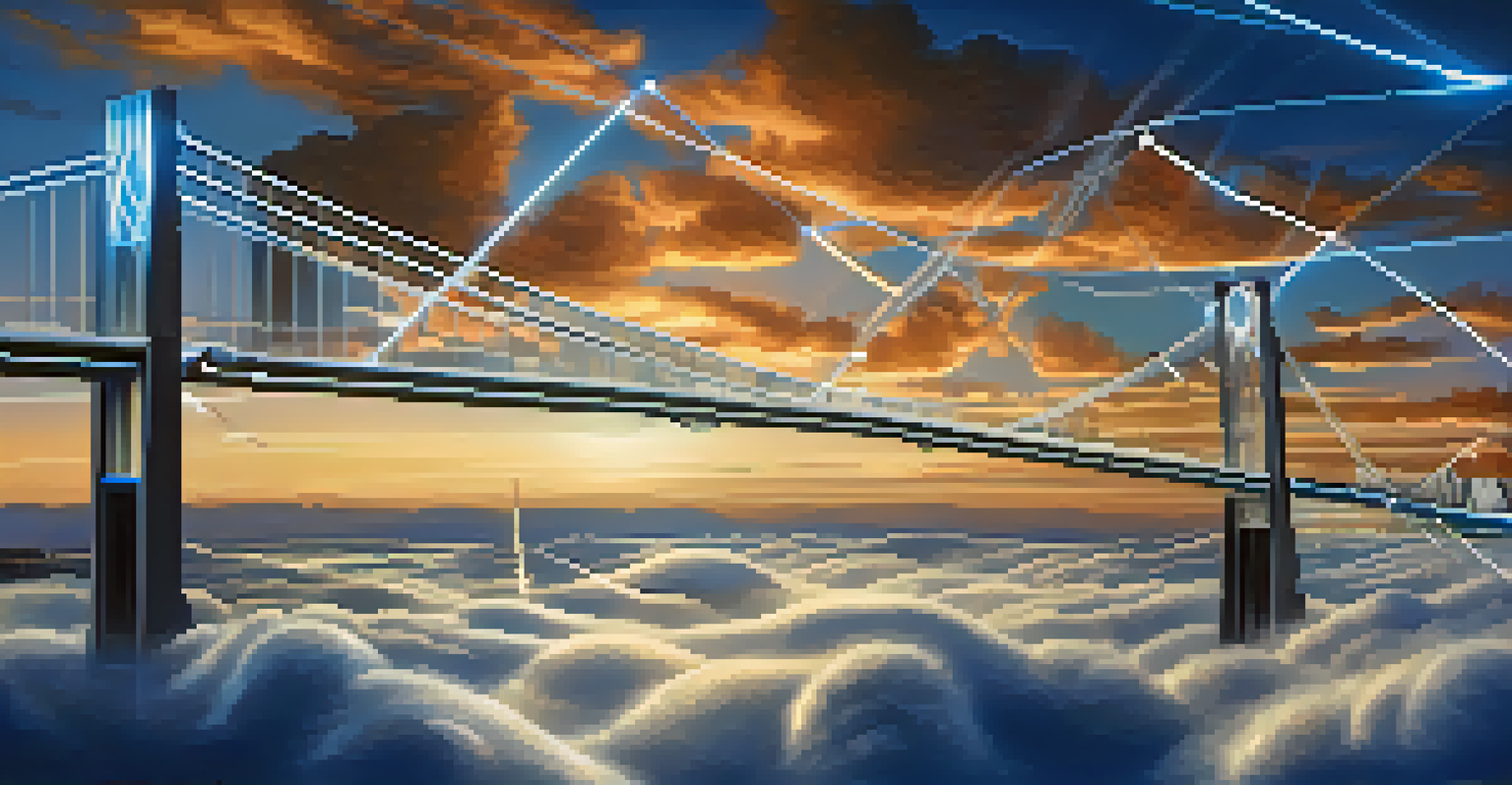 An abstract image of glowing bridges connecting clouds, representing APIs and data flow between SaaS applications.