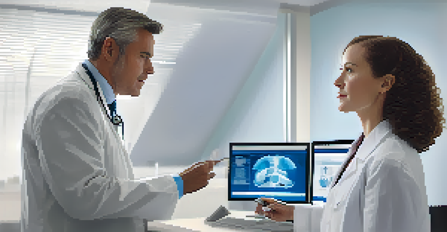 A healthcare provider and a patient discussing health information on a computer in a modern clinic.