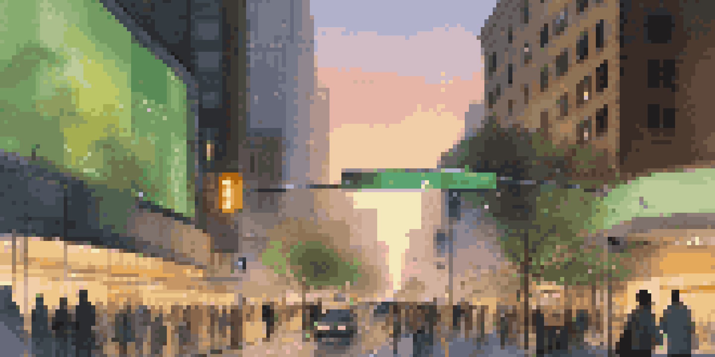 A lively city street during dusk, featuring smart traffic signals, pedestrians engaging with technology, and illuminated digital billboards.