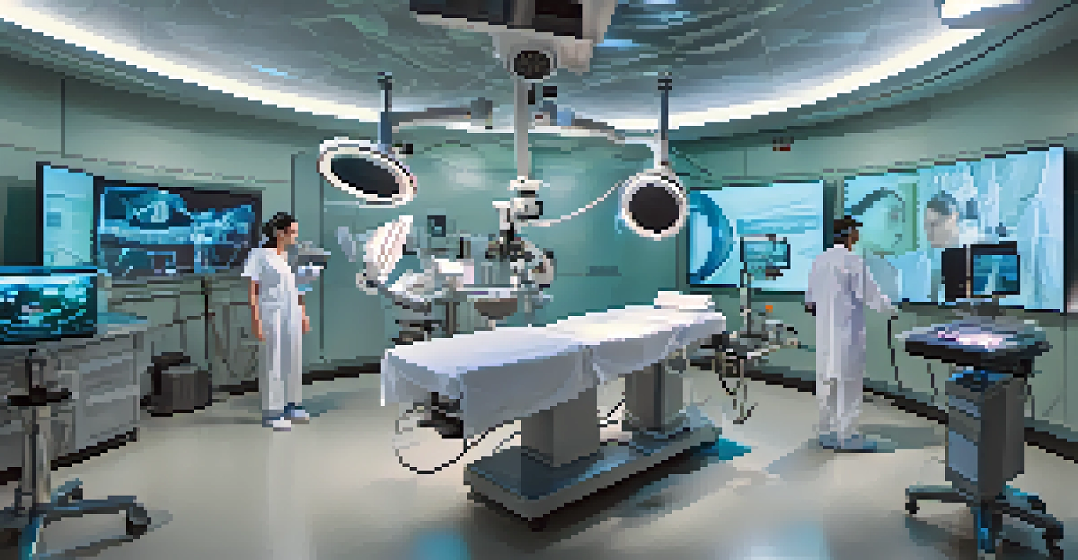 Medical students practicing surgery in a virtual operating room, surrounded by advanced medical equipment and engaging with a virtual patient.