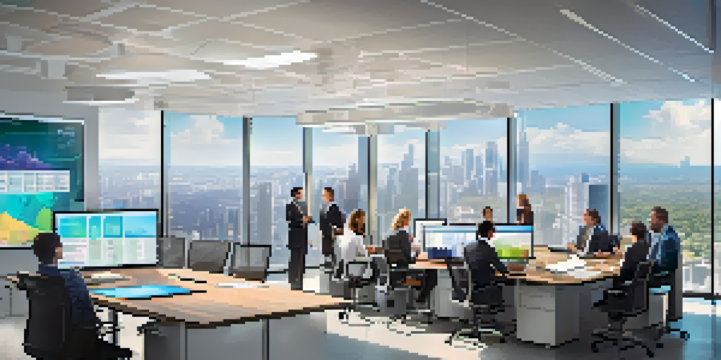 A modern office conference room filled with diverse professionals discussing cloud security, with a digital screen showing a shared responsibility model diagram.