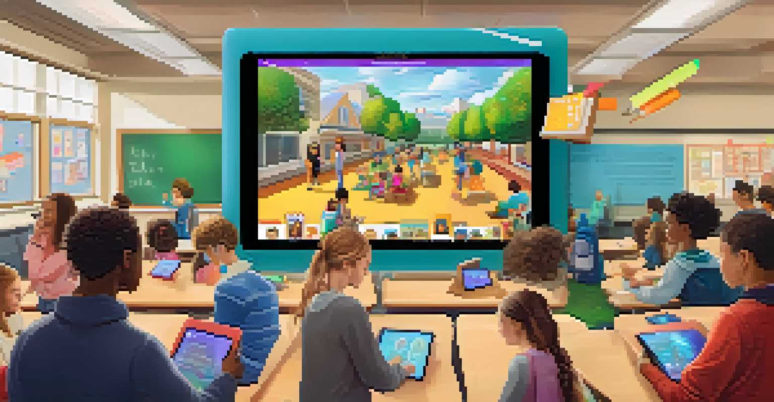 A teacher using a tablet with augmented reality to give feedback, surrounded by engaged students in a classroom.