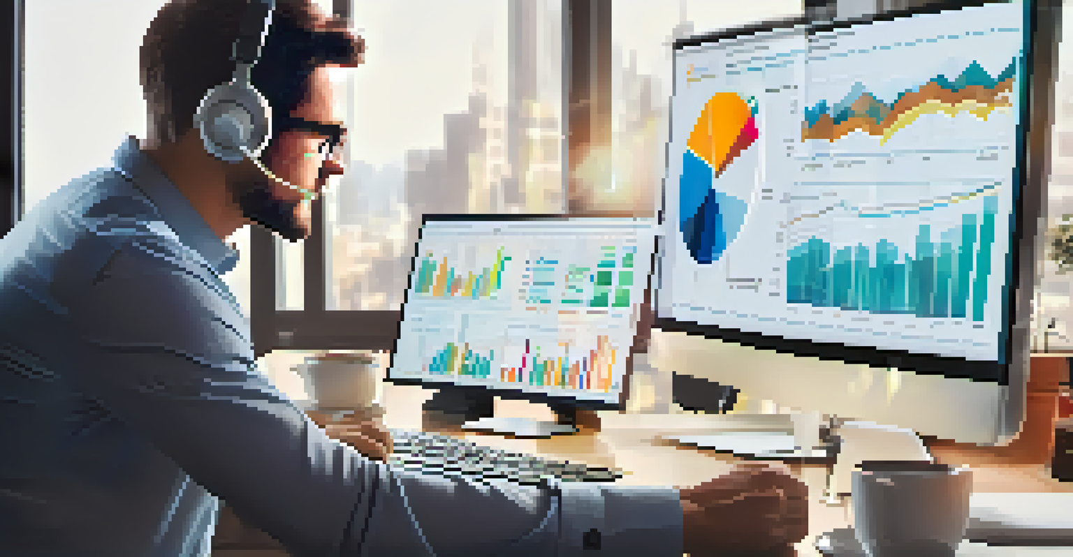 A close-up of a computer screen with colorful data analytics graphs and a person analyzing the information in a modern workspace.