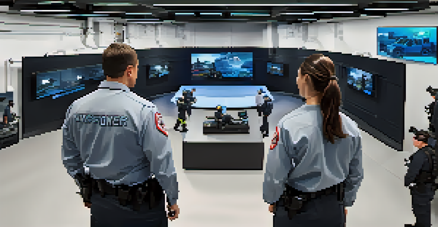 A modern training facility with first responders using VR equipment, engaged in diverse emergency training simulations.