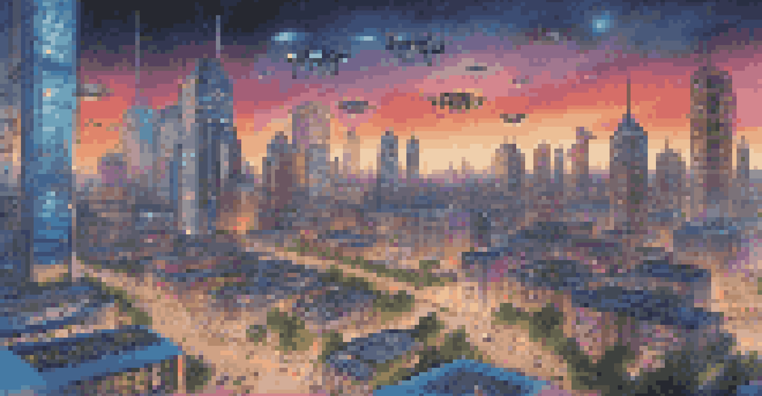 A futuristic city skyline at dusk with drones and autonomous vehicles, and a family enjoying time together in the foreground.