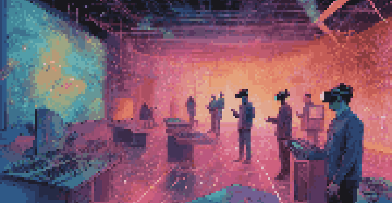 A vibrant virtual reality environment illustrating a simulated cyberattack, with users navigating through floating data streams and firewalls.