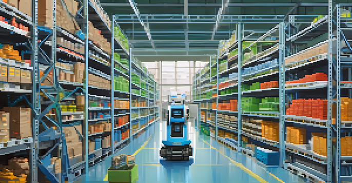 A realistic warehouse with automated robots organizing inventory, brightly lit with shelves stocked with products.