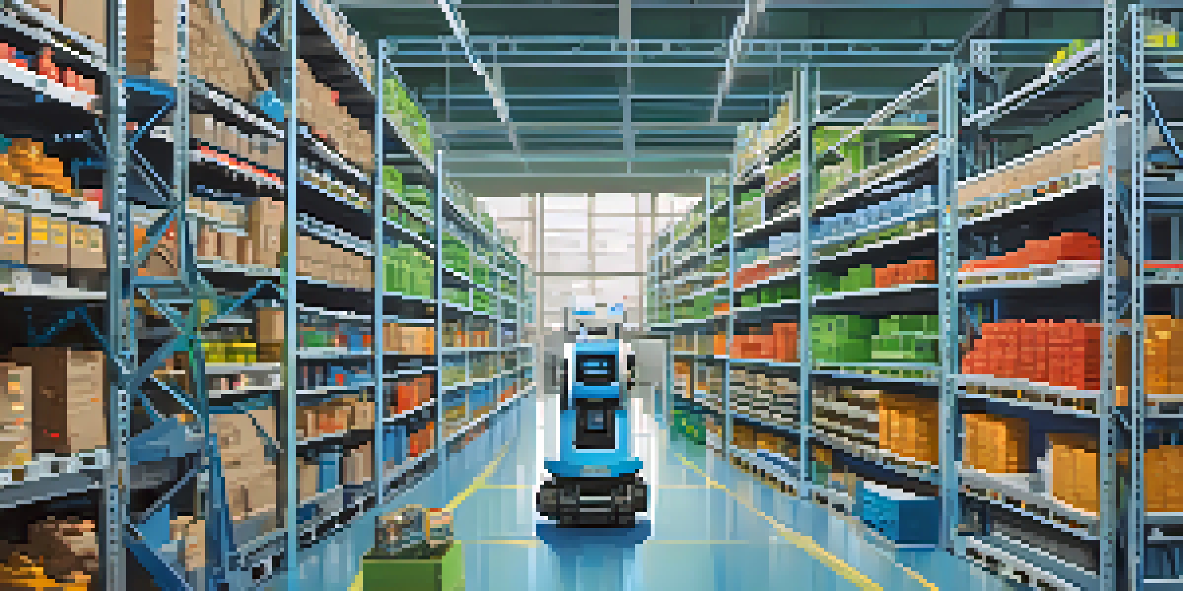 A realistic warehouse with automated robots organizing inventory, brightly lit with shelves stocked with products.