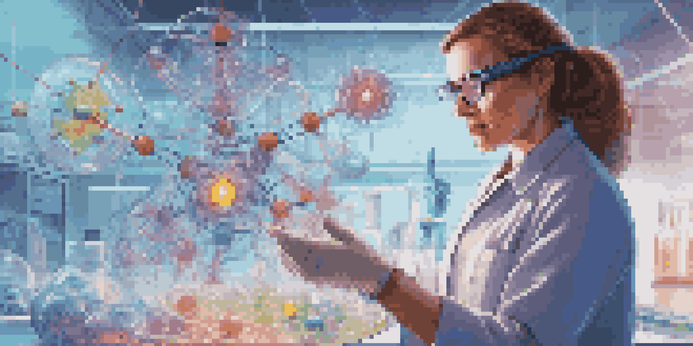 A scientist using augmented reality glasses to interact with a 3D holographic model of a molecular structure in a bright laboratory filled with colorful data visualizations.