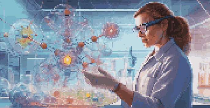 A scientist using augmented reality glasses to interact with a 3D holographic model of a molecular structure in a bright laboratory filled with colorful data visualizations.