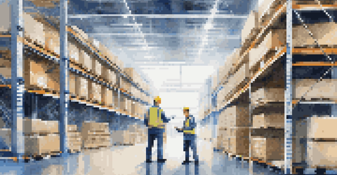 A modern warehouse with workers scanning pallets using handheld devices, showcasing advanced inventory management technology.