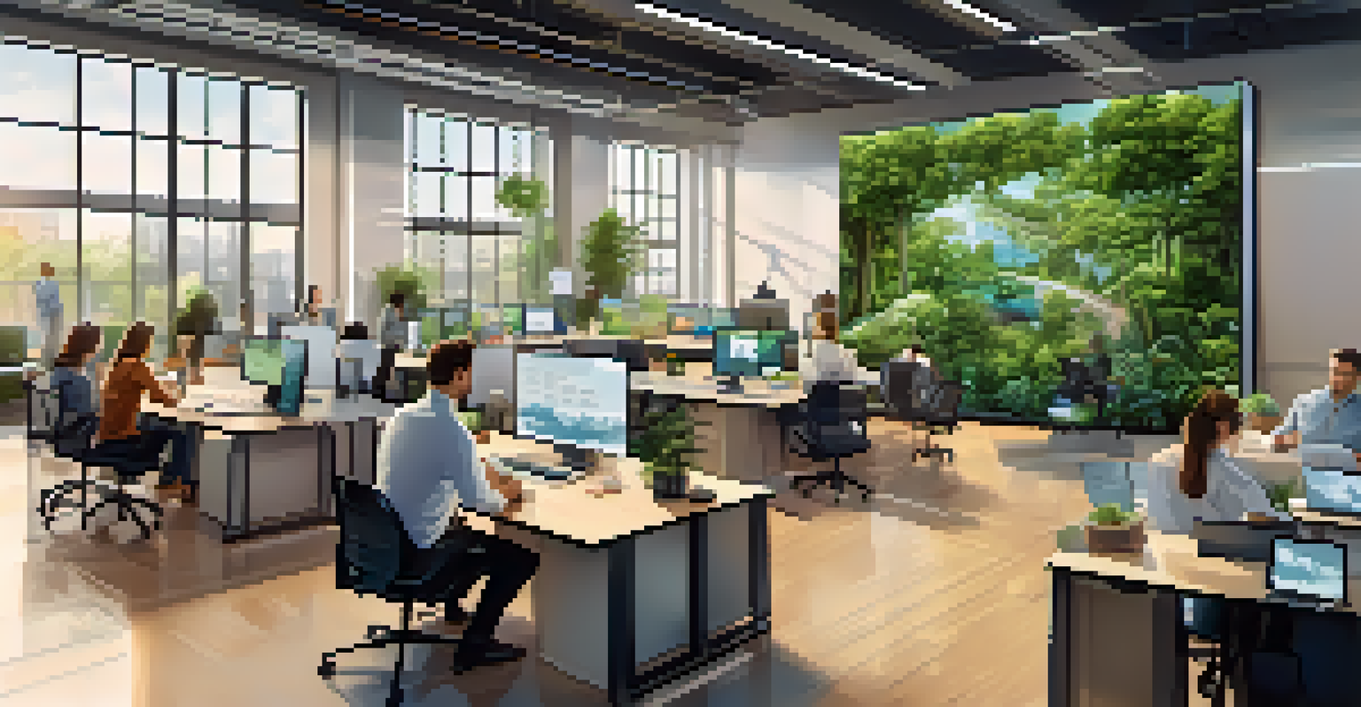 A modern office space with a diverse team of developers collaborating over a screen showing a containerization workflow, surrounded by greenery.